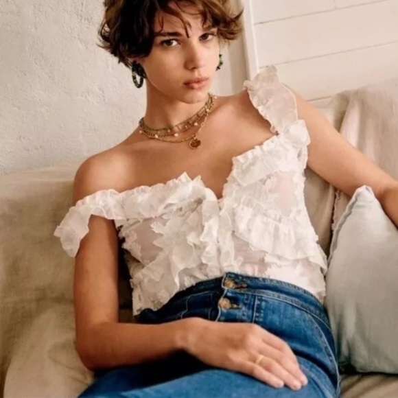 Sezane Tops - Sezane Alban White Ecru Ruffled Lace Sleeveless Blouse size L